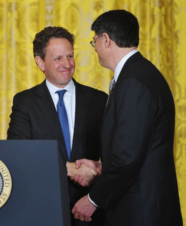 Outgoing Treasury Secretary Tim Geithner (L) shakes hands with White House Chief of Staff Jack Lew who was nominated by US President Barack Obama to be Geithner's successor in the East Room of the White House on January 10, 2013 in Washington, DC