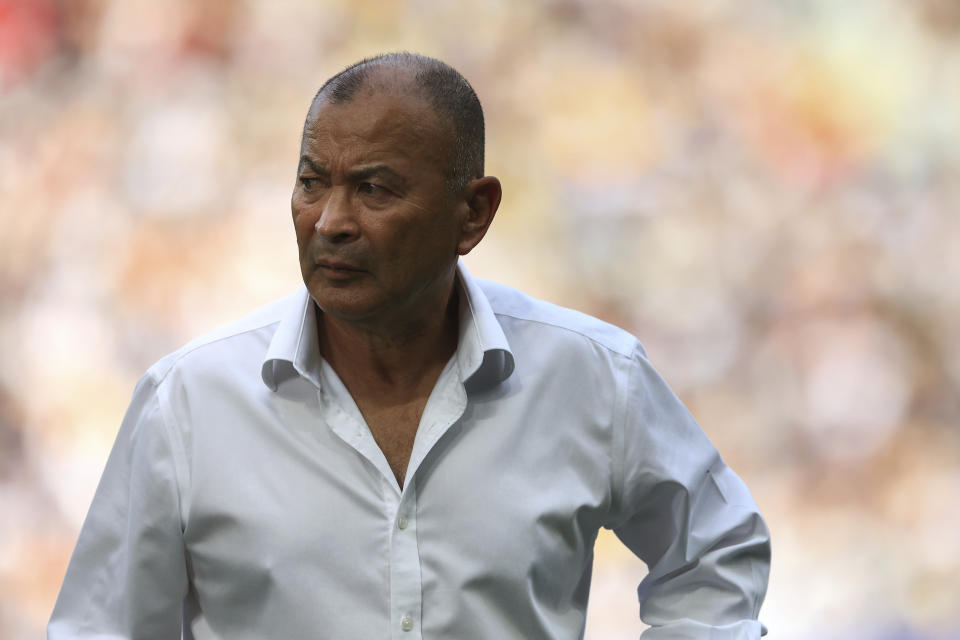 Australia's head coach Eddie Jones waits for the start of the Rugby World Cup Pool C match between Australia and Fiji at the Stade Geoffroy Guichard in Saint-Etienne, France, Sunday, Sept. 17, 2023. (AP Photo/Aurelien Morissard)