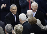 <p>President Barack Obama greets Former President Bill Clinton before the 58th Presidential Inauguration at the U.S. Capitol in Washington, Friday, Jan. 20, 2017. Right is Vice President Joe Biden. (Photo: Matt Rourke/AP) </p>