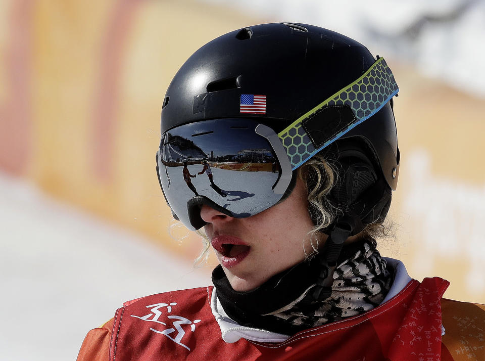 Lindsey Jacobellis, of the United States, finishes her run during the women’s snowboard quarterfinals at Phoenix Snow Park at the 2018 Winter Olympics in Pyeongchang, South Korea, Friday, Feb. 16, 2018. (AP Photo/Lee Jin-man)