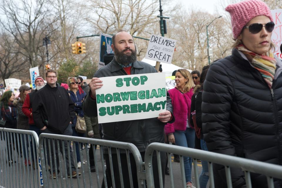 People march in Manhattan during the 2018 Women&rsquo;s March on New York City on Jan. 20, 2018.&nbsp;&nbsp;