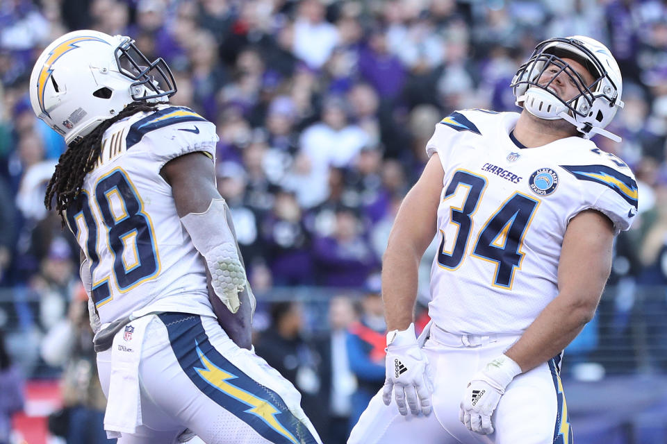 The Chargers celebrated on the field and on social media after beating the Ravens Sunday. (Getty)