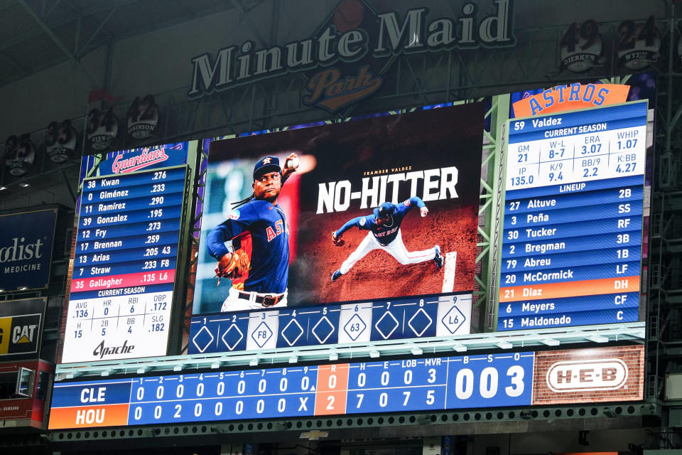 The Minute Maid Park scoreboard shows all zeros in the hit column after Houston Astros starting pitcher Framber Valdez threw a no-hitter against the Cleveland Guardians in a baseball game on Tuesday, Aug. 1, 2023, in Houston. (Brett Coomer/Houston Chronicle via AP)