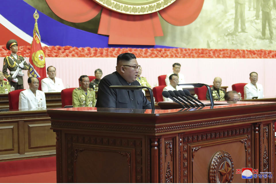 In this photo provided by the North Korean government, North Korean leader Kim Jong Un delivers a speech before war veterans in Pyongyang, North Korea, Monday, July 27, 2020, marking the 67th anniversary of the end of the 1950-53 Korean War. Kim said his country’s hard-won nuclear weapons were a solid security guarantee and a “reliable, effective” deterrent that could prevent a second Korean War, state media reported Tuesday. Independent journalists were not given access to cover the event depicted in this image distributed by the North Korean government. The content of this image is as provided and cannot be independently verified. Korean language watermark on image as provided by source reads: "KCNA" which is the abbreviation for Korean Central News Agency. (Korean Central News Agency/Korea News Service via AP)