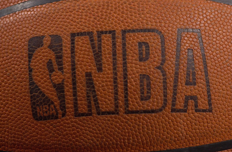 Photo of the NBA logo on a Spalding basketball at the First Union Center in Philadelphia, Pennsylvania. 