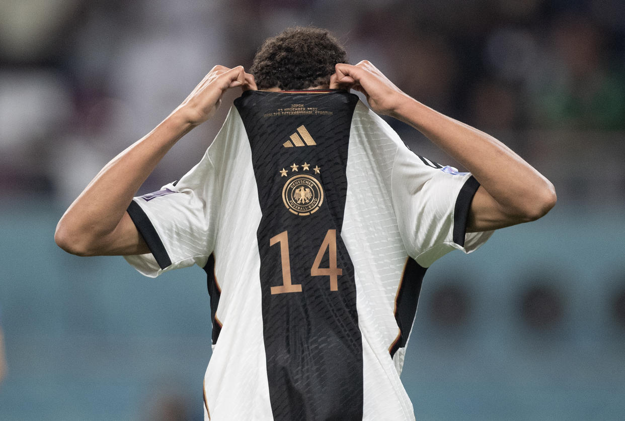 DOHA, QATAR - NOVEMBER 23:  Jamal Musiala of Germany reacts after missing a scoring chance during the FIFA World Cup Qatar 2022 Group E match between Germany and Japan at Khalifa International Stadium on November 23, 2022 in Doha, Qatar. (Photo by Visionhaus/Getty Images)
