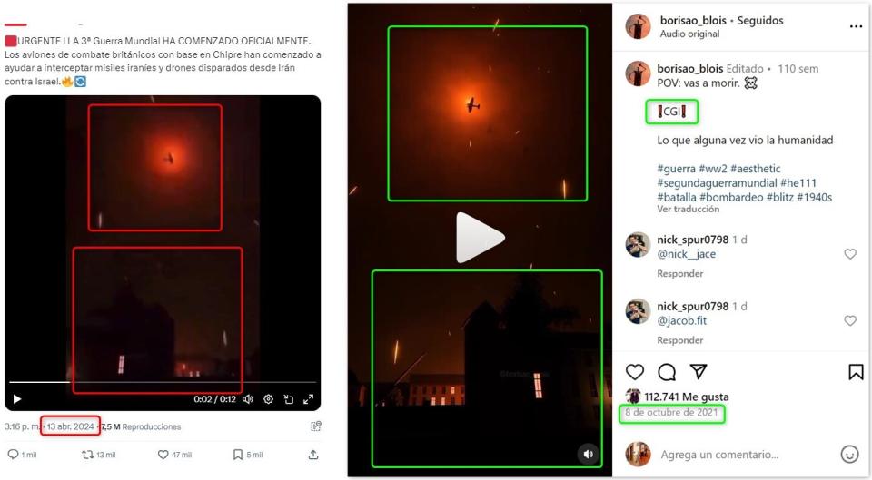 <span>Comparativo entre capturas de pantalla de una publicación en X y una animación en Instagram, hecha el 15 de abril de 2024</span>