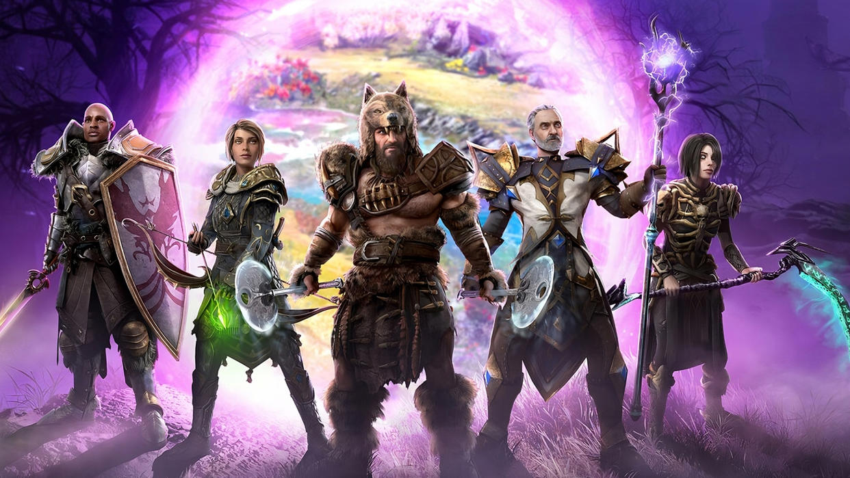  Last Epoch key art with five characters representing each class standing in front of a portal. 