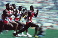 SEOUL, REPUBLIC OF KOREA - SEPTEMBER1988: Jamaican-born Canadian Ben Johnson speeds to win the Olympic 100m final in a world record 9.79 seconds September 24, 1988 at Seoul Olympic Stadium in Seoul, Korea. (Photo by Ronald C. Modra/Sports Imagery/Getty Images)