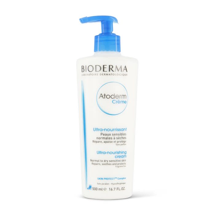 White bottle with blue pump lid of Bioderma Atoderm Ultra-Nourishing Cream, $18, on a white background.