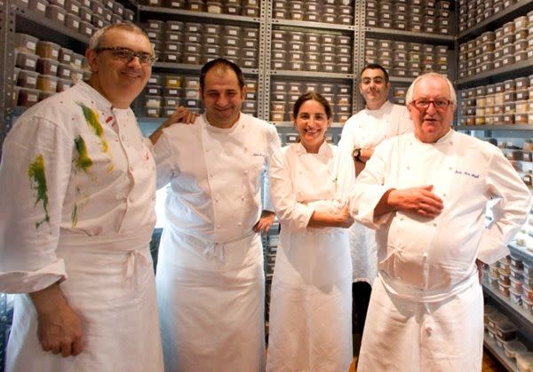 Arzak Instruction Team; the chefs are, left to right: Xabier Gutierrez, Mikel Sorazu, Elena Arzak, Igor Zalakain and Juan Mari Arzak.
