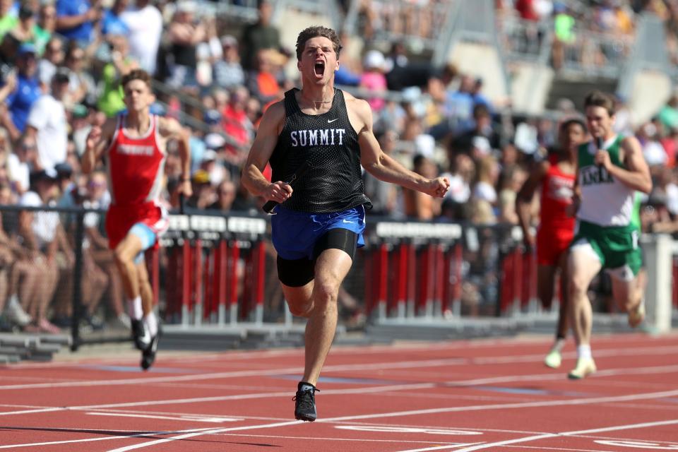 Summit Country Day's Matthew Shuler celebrates a first-place finish in the 4x200 meter relay during the OHSAA Division III State Track and Field Tournament on June 4 at Ohio State University's Jesse Owens Memorial Stadium in Columbus.