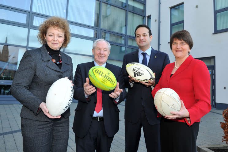Leo Varadkar and DUP leader Arlene Foster, right, have much to talk about (Michael Cooper/ Ireland 2023 Rugby World Cup Bid via Getty Images)