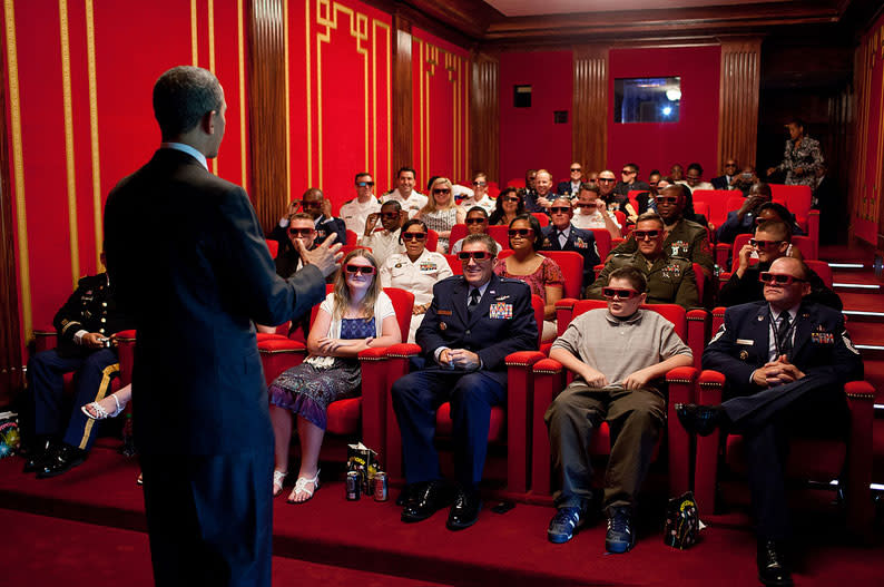 <b>May 25, 2012:</b>: "The President was welcoming service members and their families to a screening of 'Men in Black 3' in the White House Family Theater. The movie was being presented in 3D, so the President jokingly asked them to try on their 3D glasses while he was speaking to them." (Official White House Photo by Pete Souza)