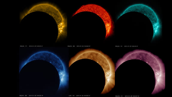 A rainbow of lunar transits as seen by NASA's Solar Dynamics Observatory. The observatory watches the sun in many different wavelengths of light, which are each colorized in a different color.