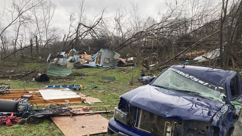 Devastation from a tornado that hit Glen Allen, in southeastern Missouri, killing several people and causing an unknown number of injuries, is pictured on Wednesday, April 5, 2023.
