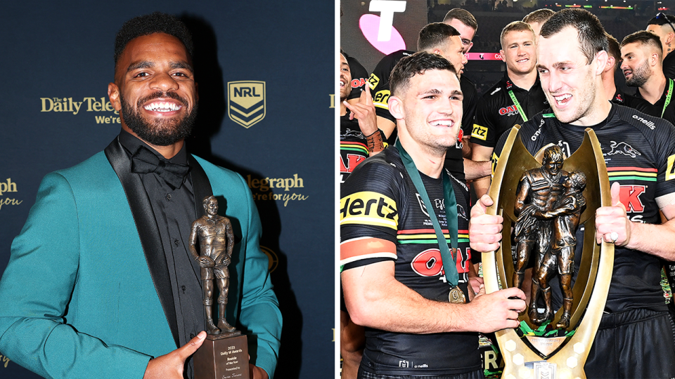 Panthers captain Isaah Yeo (pictured far right) has claimed Sunia Turuva (pictured left) needs to consider the success he can achieve at Penrith as tosses up his options as he comes off contract. (Getty Images)