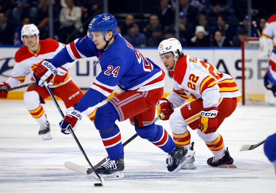 NEW YORK, NEW YORK - FEBRUARY 12: Kaapo Kakko #24 of the New York Rangers skates against the Calgary Flames during the first period at Madison Square Garden on February 12, 2024 in New York City.