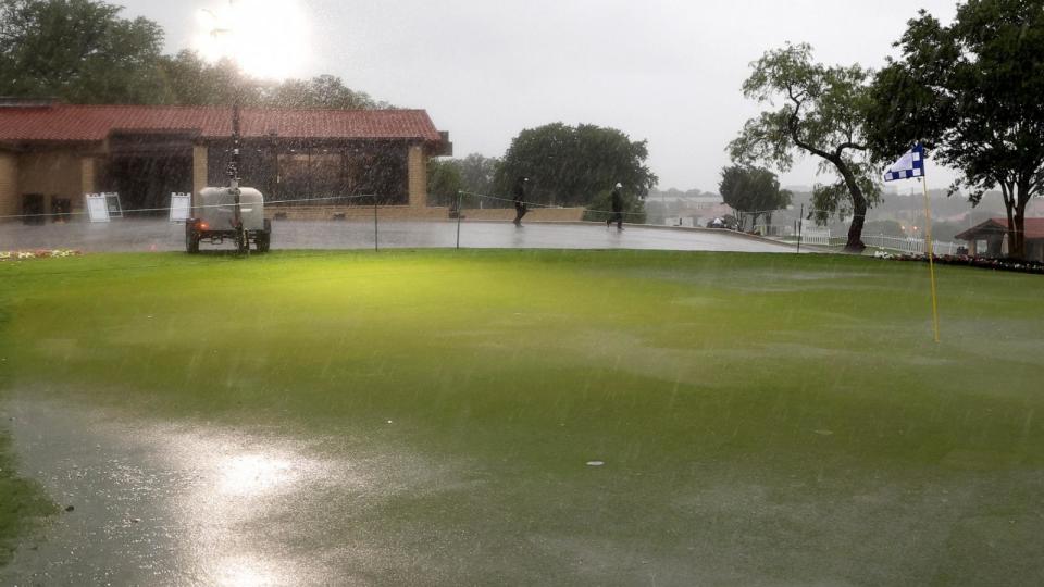 PHOTO: A general view of weather conditions is shown as the second round of the Invited Celebrity Classic, at Las Colinas Country Club, is cancelled due to rain, on April 20, 2024, in Irving, Texas. (Tim Heitman/Getty Images)