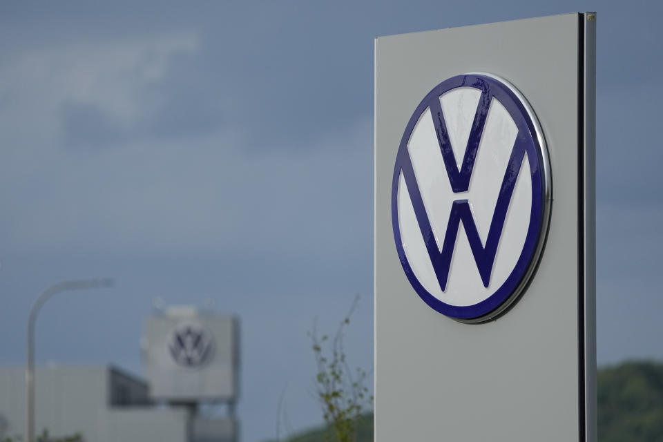 A VW logo is seen outside the Volkswagen automobile plant in Chattanooga, Tenn., Friday, April 19, 2024. Workers at the plant finish voting Friday night on whether to join the United Auto Workers union. (AP Photo/George Walker IV)