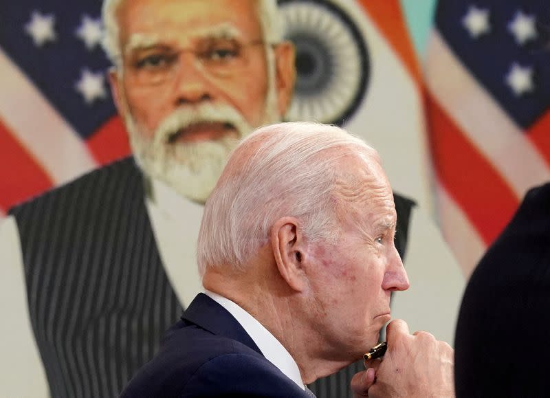 FILE PHOTO: U.S. President Joe Biden holds videoconference with India's Prime Minister Narendra Modi from the White House in Washington