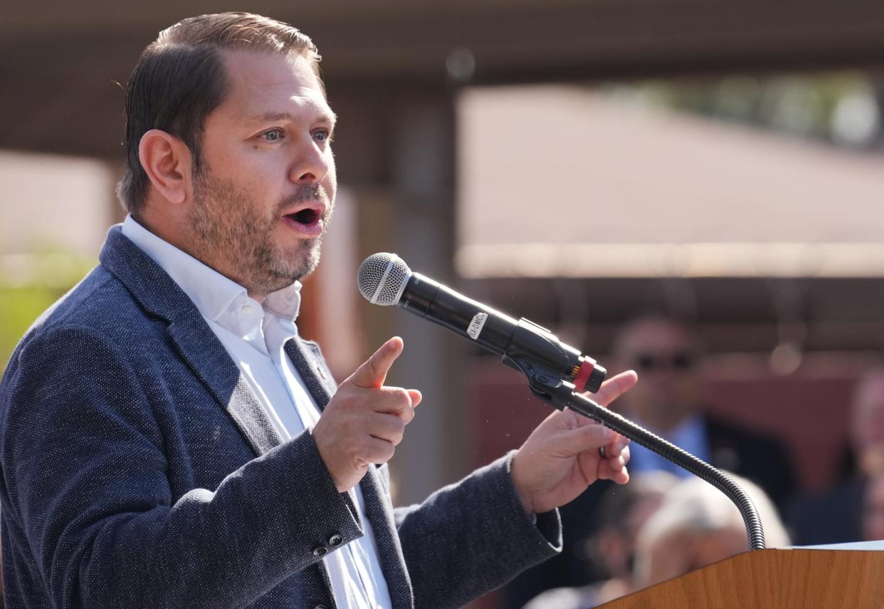 Representative Ruben Gallego speaks at a political event for the Arizona Education Association in Phoenix on Saturday, Nov. 5, 2022.