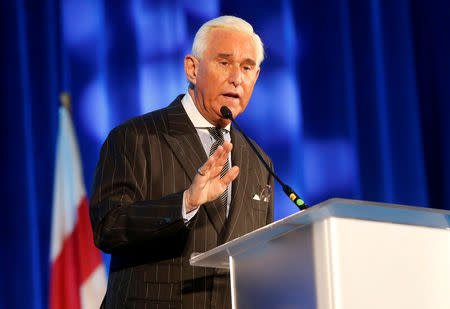 FILE PHOTO: Political operative Roger Stone speaks at the American Priority conference in Washington D.C., U.S., December 6, 2018. REUTERS/Jim Urquhart/File Photo