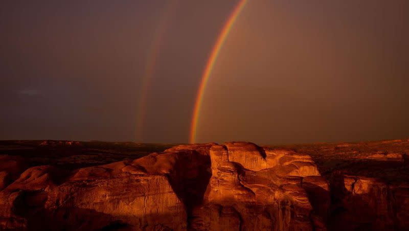 A double rainbow in the sky at Arches National Park near Moab on Sept. 18, 2021. Arches and Utah’s other “Mighty 5” parks fared poorly in Travel Lemming’s ranking of all 63 national parks, primarily because of overcrowding.