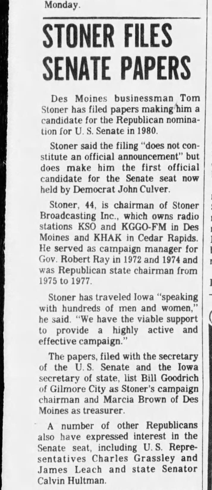 A small story appeared in the Des Moines Register when noted businessman Tom Stoner filed paperwork to run for the U.S. senate.