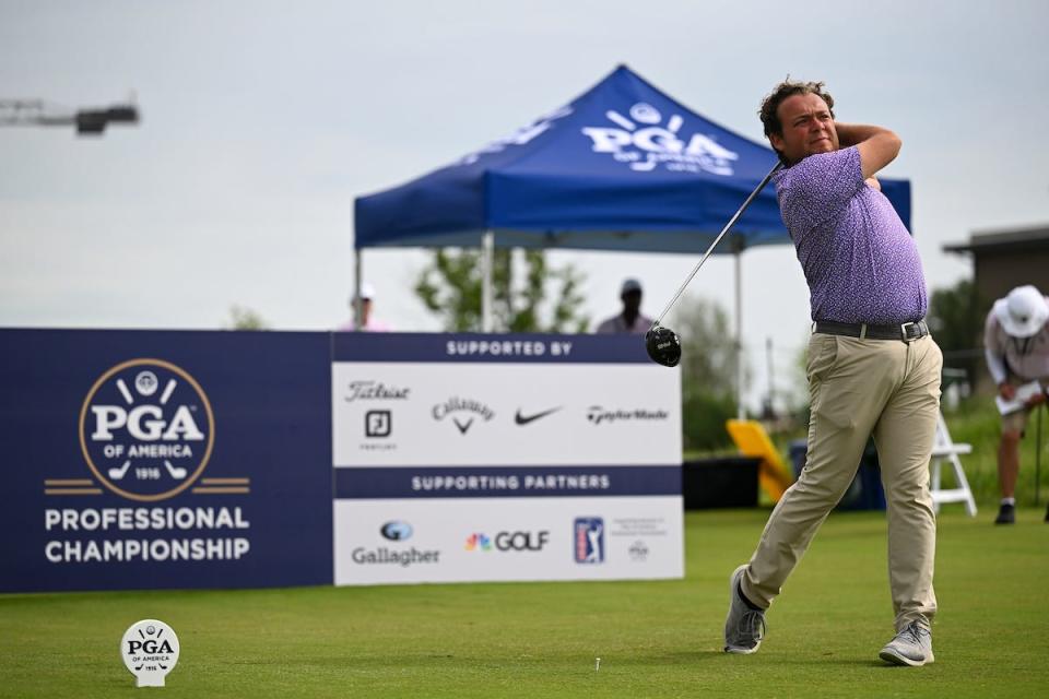 Evan Bowser hits his tee shot on the first hole during the final round of the PGA Professional Championship at PGA Frisco on Wednesday, May 1, 2024 in Frisco, Texas. (Photo by Ryan Lochhead/PGA of America)