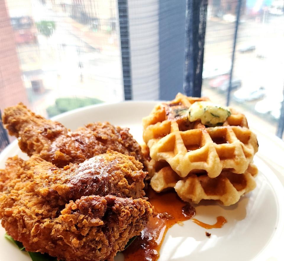 Blu Violet offers a substantial Chicken and Waffles dish for the Sunday brunch at the Aloft.