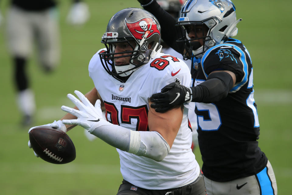 Tampa Bay Buccaneers tight end Rob Gronkowski (87) runs against the Carolina Panthers during the first half of an NFL football game, Sunday, Nov. 15, 2020, in Charlotte , N.C. (AP Photo/Brian Blanco)