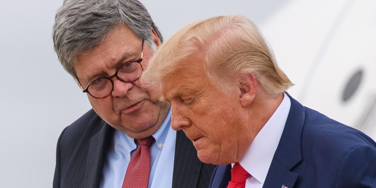 US President Donald Trump (R) and US Attorney General William Barr step off Air Force One upon arrival at Andrews Air Force Base in Maryland on September 1, 2020