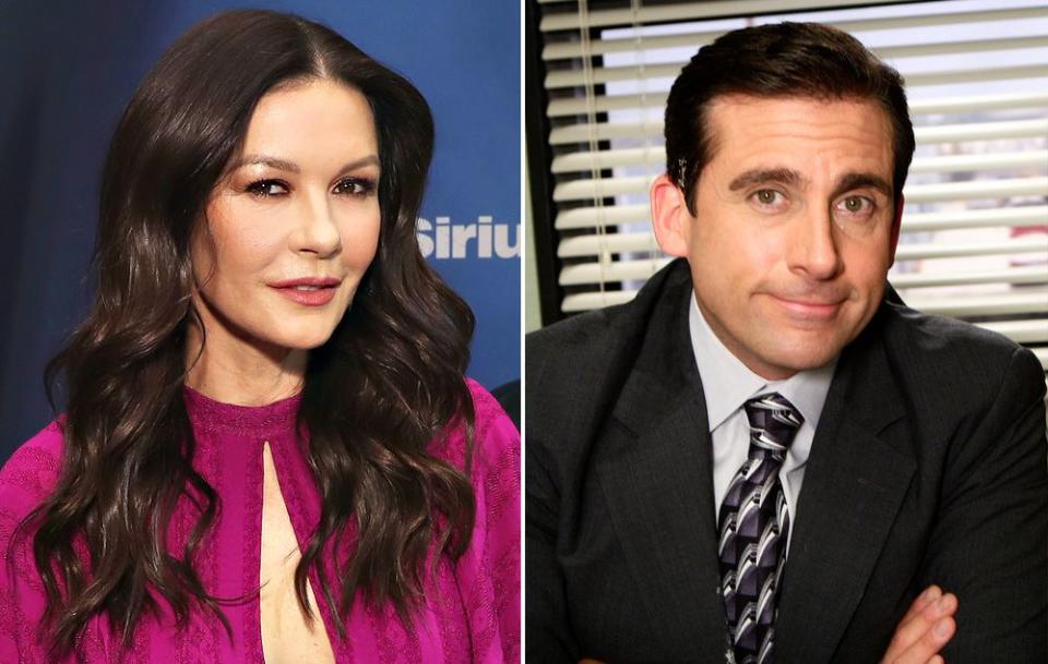 Catherine Zeta-Jones; Steve Carell as Michael Scott | Cindy Ord/Getty; Chris Haston/NBC/NBCU Photo Bank/Getty