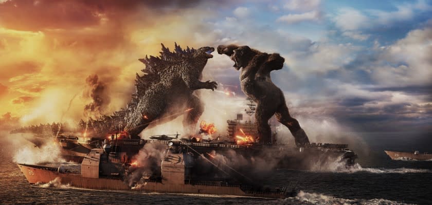 Caption: (L-r) GODZILLA battles KONG in Warner Bros. Pictures' and Legendary Pictures' action adventure "GODZILLA VS. KONG," a Warner Bros. Pictures and Legendary Pictures release.