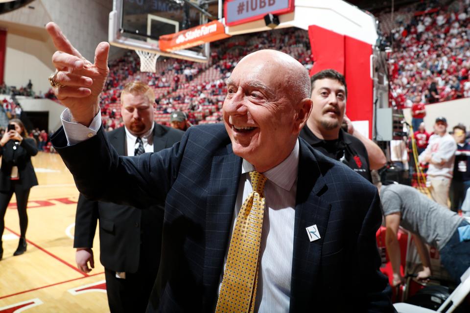Feb 8, 2020; Bloomington, Indiana, USA; ESPN announcer Dick Vitale points to the fans before the Purdue Boilermakers play against the Indiana Hoosiers at Simon Skjodt Assembly Hall.