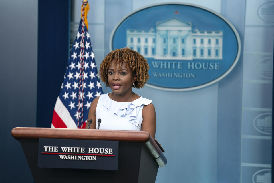 White House press secretary Karine Jean-Pierre speaks during a press briefing at the White House, Friday, June 23, 2023, in Washington. (AP Photo/Evan Vucci)