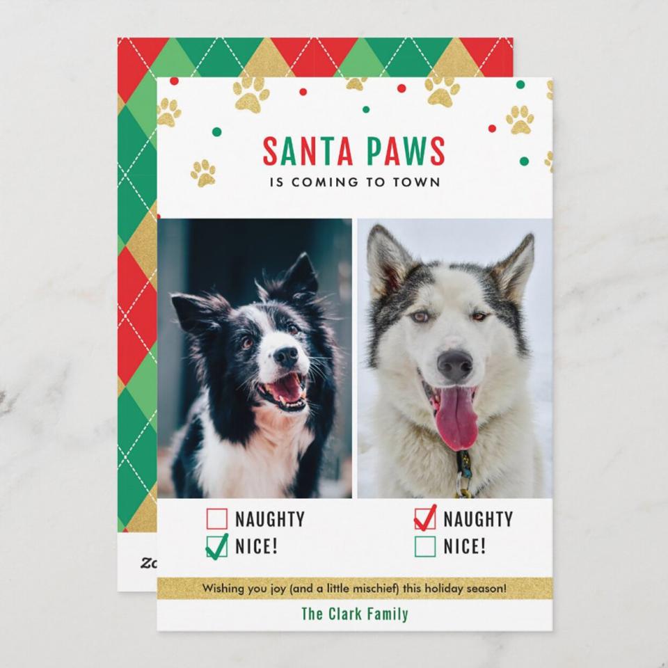 Product photo of a Santa Paws Naughty or Nice Two Dog Photo Card