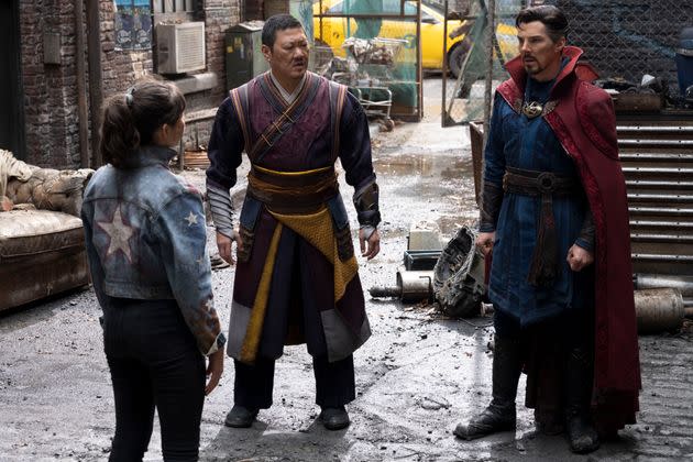 This image released by Marvel Studios shows, from left, Xochitl Gomez as America Chavez, Benedict Wong as Wong, and Benedict Cumberbatch as Doctor Strang in a scene from 
