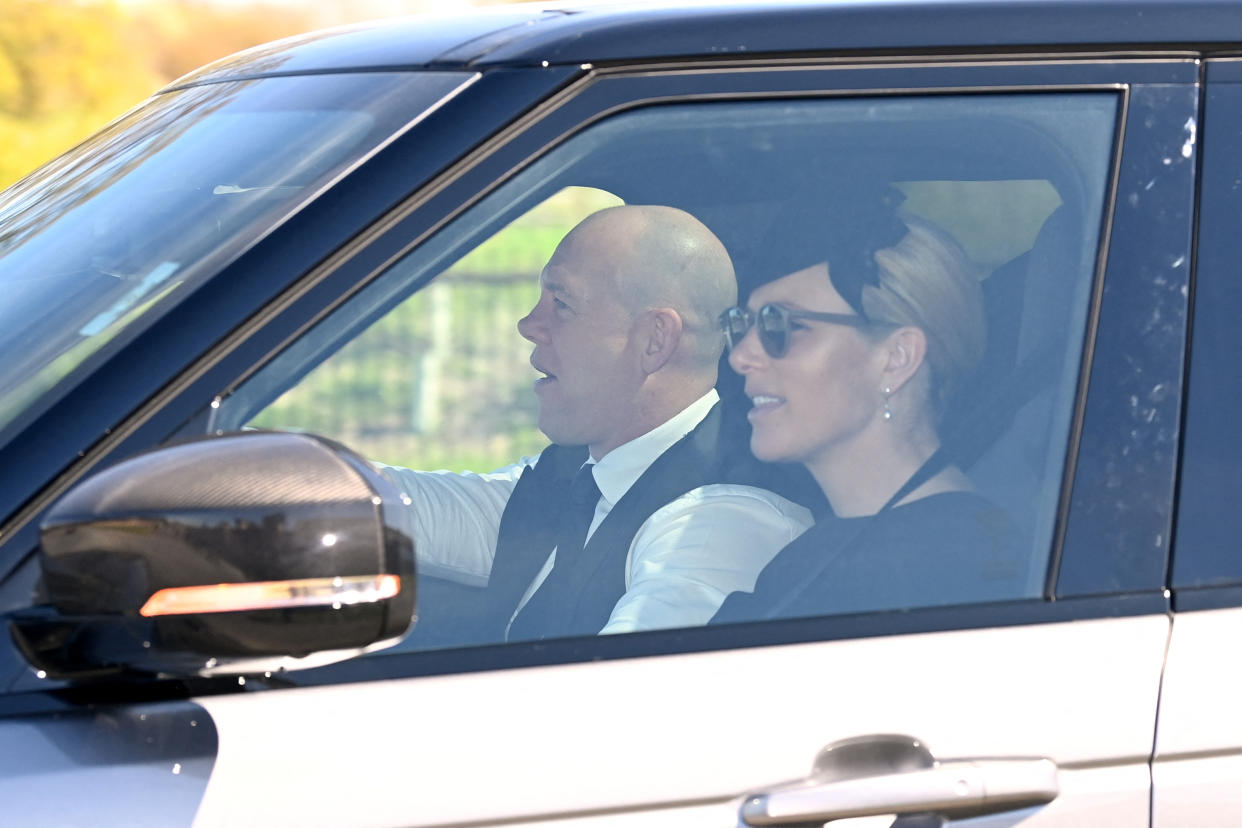 Mike Tindall and Zara Phillips arrive for the funeral service of Britain's Prince Philip, Duke of Edinburgh in Windsor Castle in Windsor, west of London, on April 17, 2021. - Philip, who was married to Queen Elizabeth II for 73 years, died on April 9 aged 99 just weeks after a month-long stay in hospital for treatment to a heart condition and an infection. (Photo by Glyn KIRK / AFP) (Photo by GLYN KIRK/AFP via Getty Images)