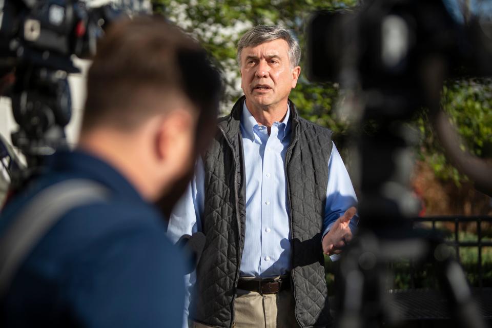 Louisville republican mayoral candidate Bill Dieruf talked with the media after casting his vote at the Jeffersonsonian in Jeffersontown. Nov. 3, 2022