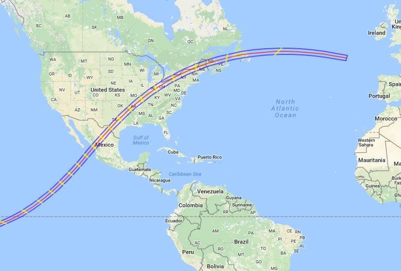 This is the predicted path of the 2024 solar eclipse. The northern and southern path limits are blue and the central line is red. NASA notes you must be somewhere within the central path (between the blue lines) to see the total phase of the eclipse. 