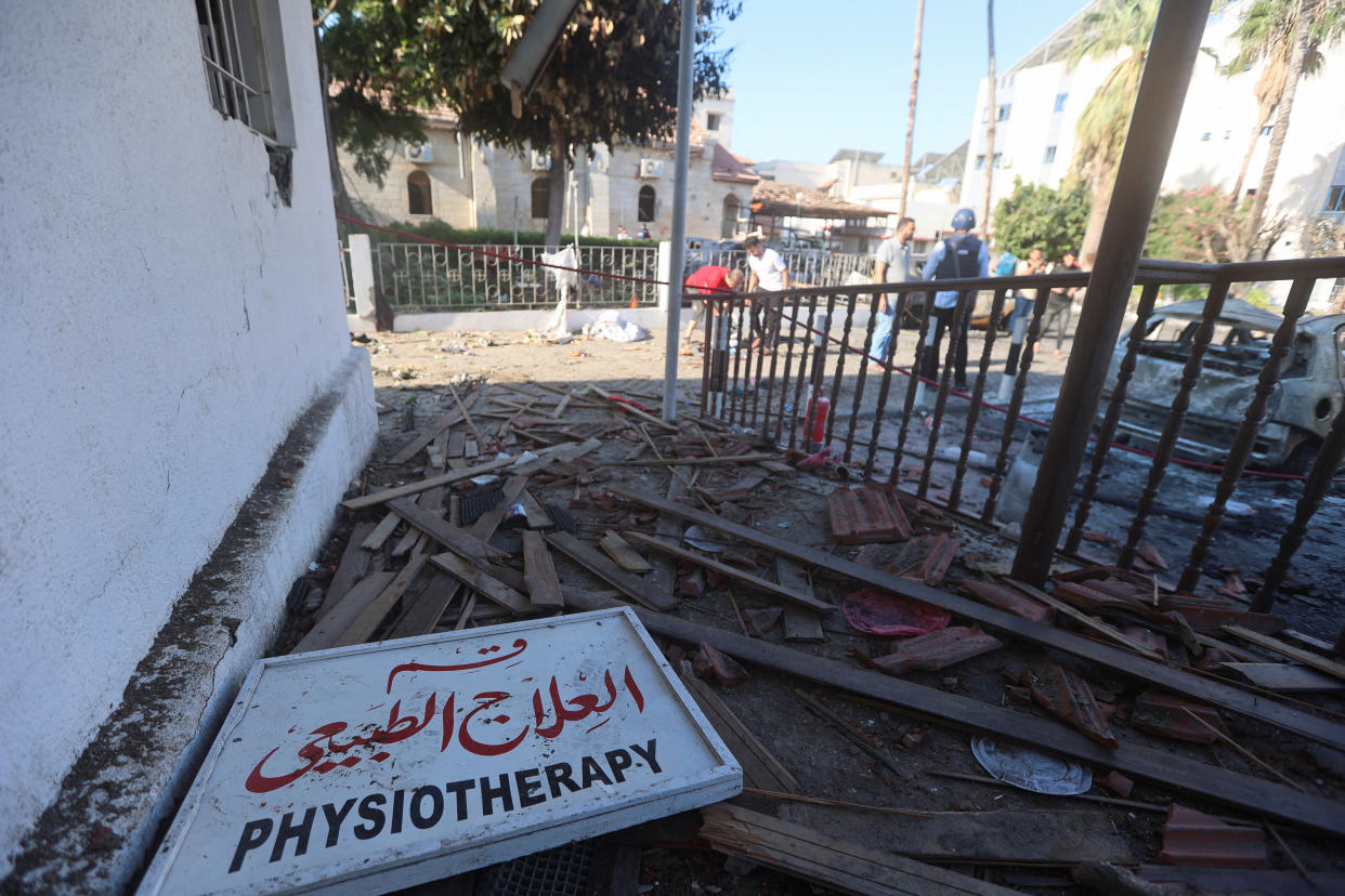 A view of debris in the area of Al-Ahli hospital where hundreds of Palestinians were killed in a blast that Israeli and Palestinian officials blamed on each other, and where Palestinians who fled their homes were sheltering amid the ongoing conflict with Israel,  in Gaza City, October 18, 2023.  REUTERS/Ahmed Zakot