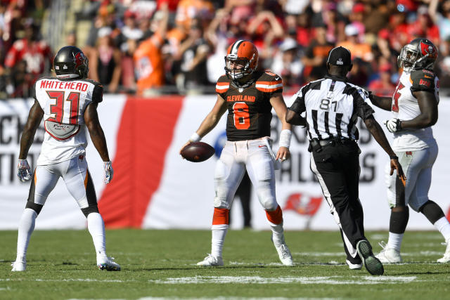 Cleveland Browns quarterback Baker Mayfield (6) throws a pass against the  Seattle Seahawks during an NFL football game, Sunday, Oct. 13, 2019, in  Cleveland. (Jeff Haynes/AP Images for Panini Stock Photo - Alamy