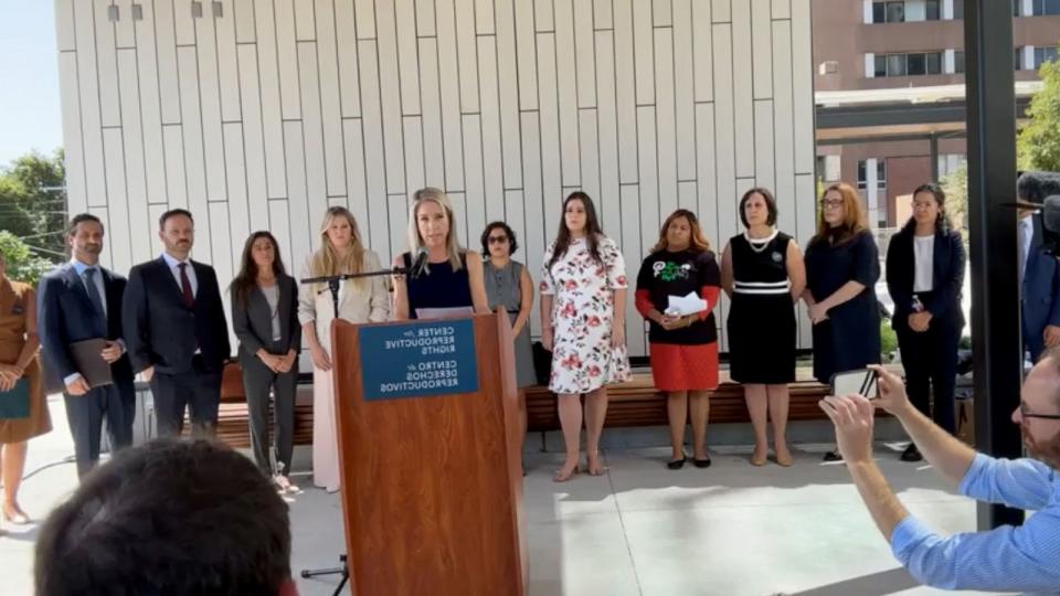 PHOTO: Amanda Zurawski speaks during a press conference after giving testimony in the Zurawski v. State of Texas case in Austin, Texas, July 19, 2023. (Center for Reproductive Rights)