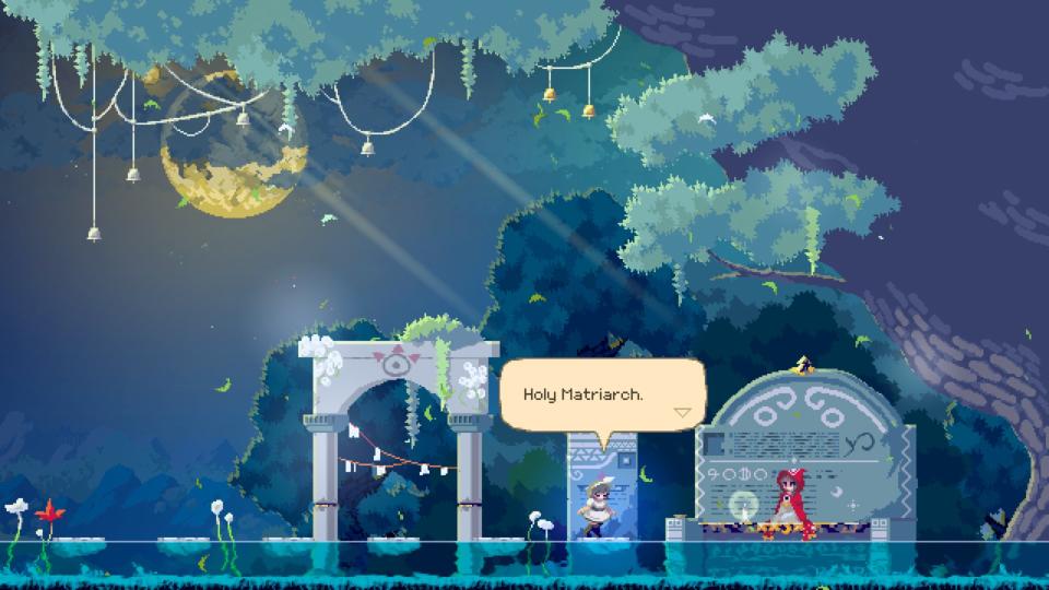 Momo from Momodora: Moonlit Farewell takes a bow in front of the village matriarch.
