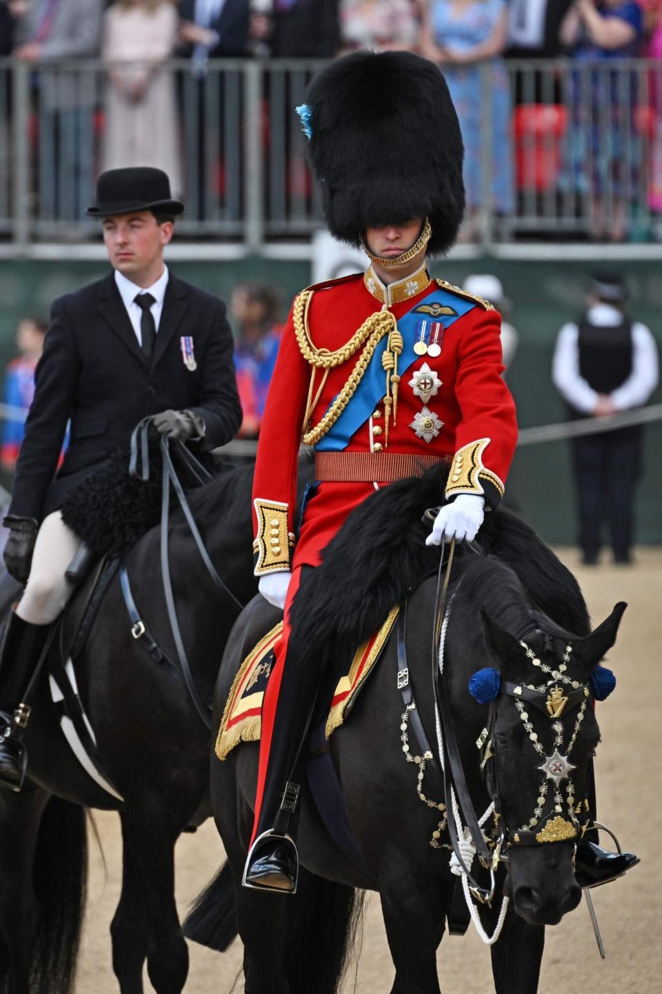 Britain's Prince William, Duke of Cambridge rides a horse as he arrives at the Colonel's Review at Horse Guards Parade in London on May 28, 2022. - The Colonel's Review is identical to Trooping the Colour, the Queen's annual birthday parade. (Photo by Ben Stansall / AFP) (Photo by BEN STANSALL/AFP via Getty Images)