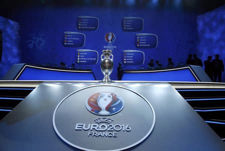 Football Soccer - Euro 2016 draw - Palais des Congres, Paris, France - 12/12/15 Euro 2016 trophy is on display with the results of the draw in the background REUTERS/Charles Platiau