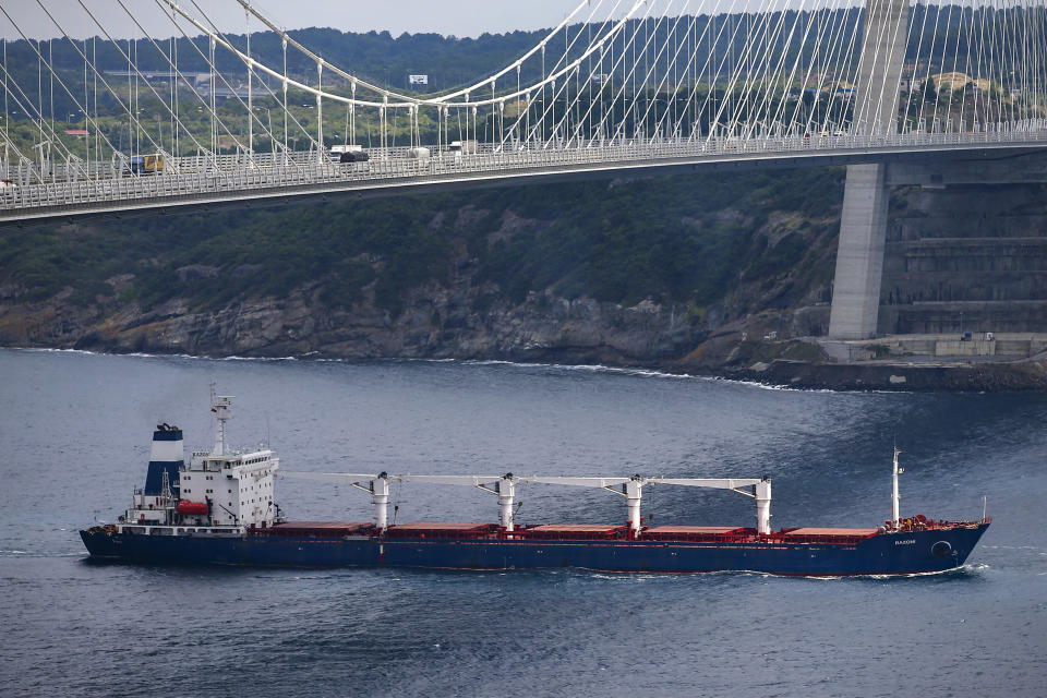 FILE - The Sierra Leone-flagged cargo ship Razoni sails under Yavuz Sultan Selim Bridge after being inspected by Russian, Ukrainian, Turkish and U.N. officials at the entrance of the Bosphorus Strait in Istanbul, Turkey, Aug. 3, 2022. The Razoni, the first grain ship to leave Ukraine under a wartime deal, has had its cargo resold several times and there is now no information about its location and cargo destination, the Ukrainian embassy in Beirut said Monday, Aug. 15, 2022. (AP Photo/Emrah Gurel, File)