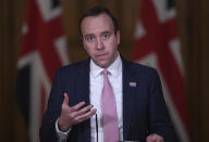 Britain's Health Secretary Matt Hancock during a media briefing on coronavirus in Downing Street, London, Monday, Nov. 16, 2020. (Stefan Rousseau/Pool Photo via AP)